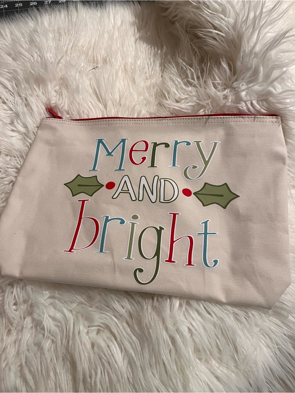 thirty-one Cream "Merry and Bright" Zip Pouch with Red, Green, Blue Accents